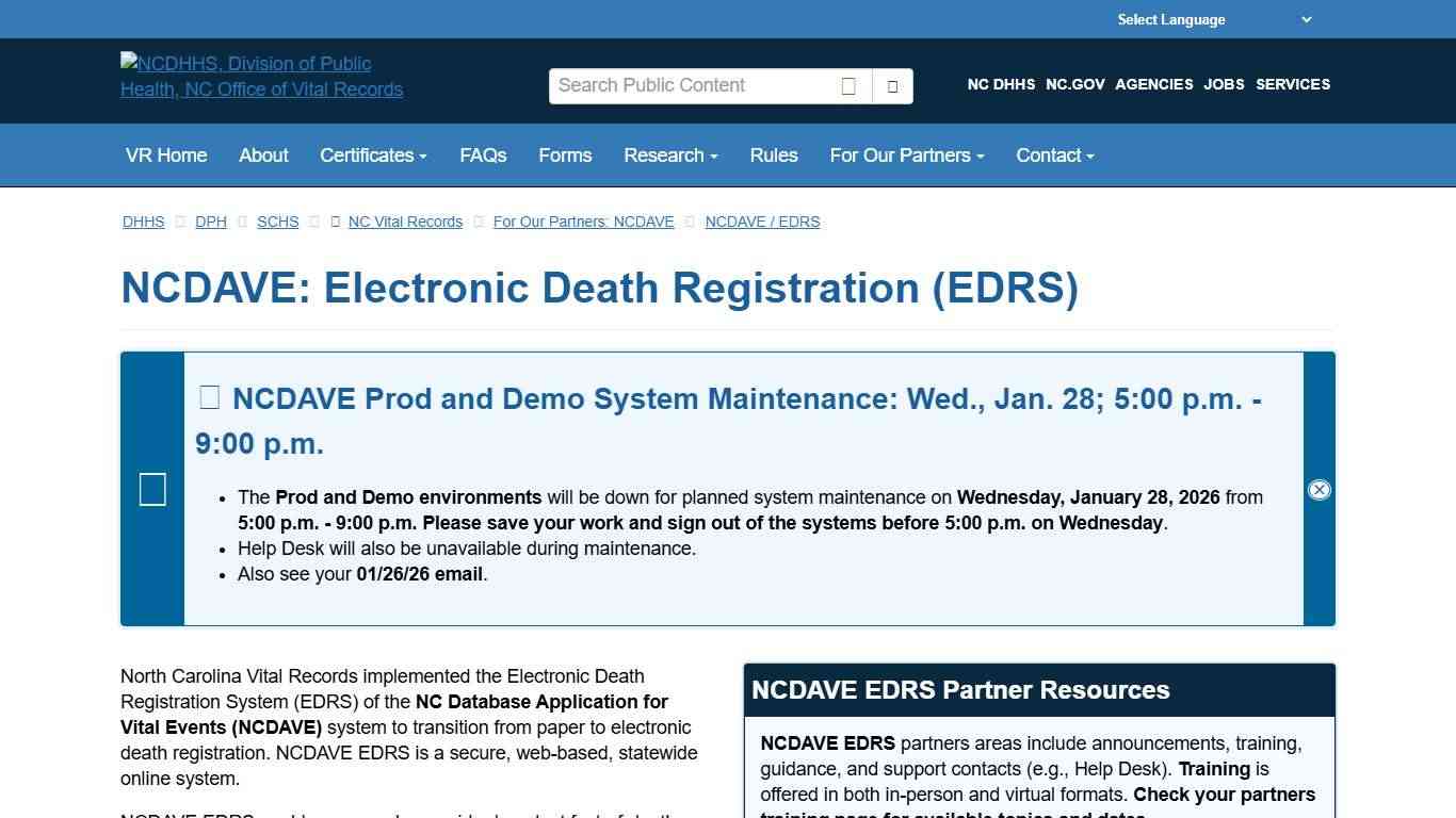 NCDHHS: DPH: NC Vital Records: NCDAVE / EDRS